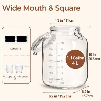 ComSaf 1 Gallon Square Glass Jars with Airtight Lids (135oz, Set of 2), Extra-Wide Mouth Canisters with Measurement Marks for Bulk Flour Storage, Fermenting Kombucha & Pickling - Image 4