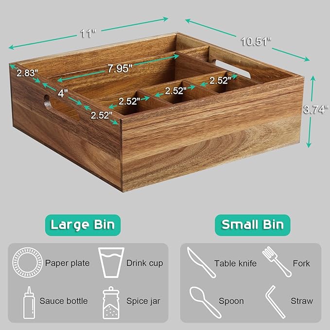 ALELION Acacia Wood Utensil Holder for Party - Paper Plate Organizer for Countertop - Silverware Caddy with 6 Compartments for Plate, Cup, Fork, Spoon - Cutlery Holder for Kitchen Camping Buffet - Image 8