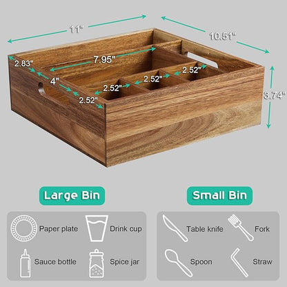 ALELION Acacia Wood Utensil Holder for Party - Paper Plate Organizer for Countertop - Silverware Caddy with 6 Compartments for Plate, Cup, Fork, Spoon - Cutlery Holder for Kitchen Camping Buffet - Image 8