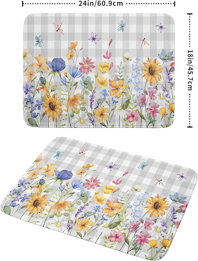 Giwawa Spring Floral Dish Drying Mat, Summer Flower Grey Buffalo Plaids Dish Drainer Mats, Wildflower Butterfly Check Reversible Drying Rack Pad Protector for Kitchen Countertop Decor, 18"x24"