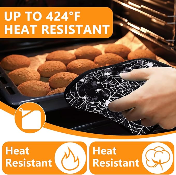 Spider Web Oven Mitts and Pot Holders Sets 4Pcs,Extra Long Oven Gloves Potholder for Kitchen Cooking Baking BBQ 100% Cotton Heat Resistant - Image 4