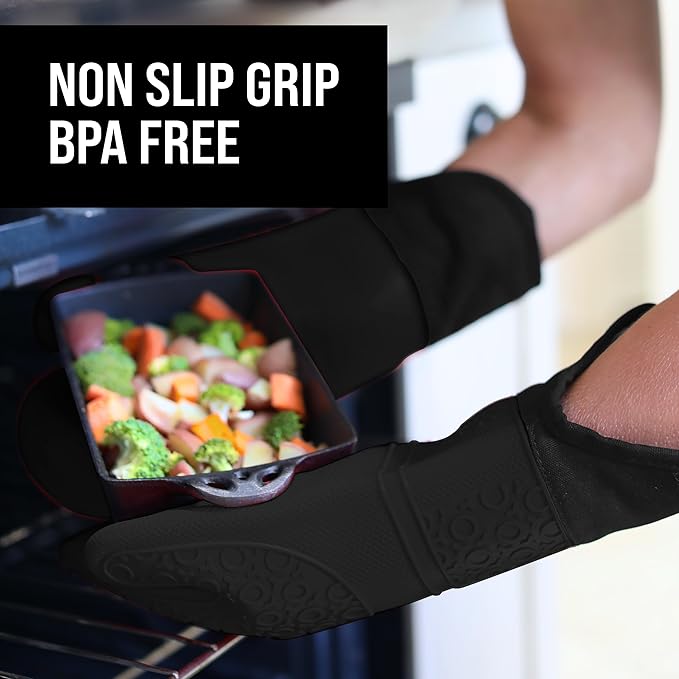 BPA-Free Silicone Oven Mitts Ultra Heat Resistant up to 500°F - Oven Mitts with Thick Cotton Liner - Long Slip Resistant Pot Holders, Flexible Oven Gloves - Black 14.7 - Image 5