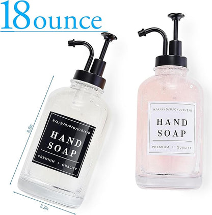 Glass Soap Dispenser with Pump,Tray,Funnel, Countertop Soap and Lotion Dispenser Set of 2, Dish and Hand Soap Dispenser Bottle for Kitchen,Bathroom,Shower, with 60 Stickers, 500ml/16.9oz