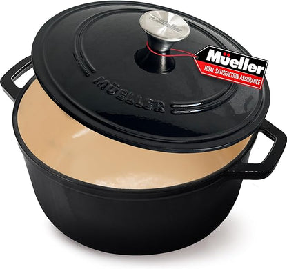 MUELLER HOME 7.5 QT Enameled Cast Iron Dutch Oven, Heavy-Duty, Oven-Safe up to 500° F & Across All Cooktops, Casserole Dish and Braiser Pan with Lid and Stainless Knob, Black by MUELLERHOME