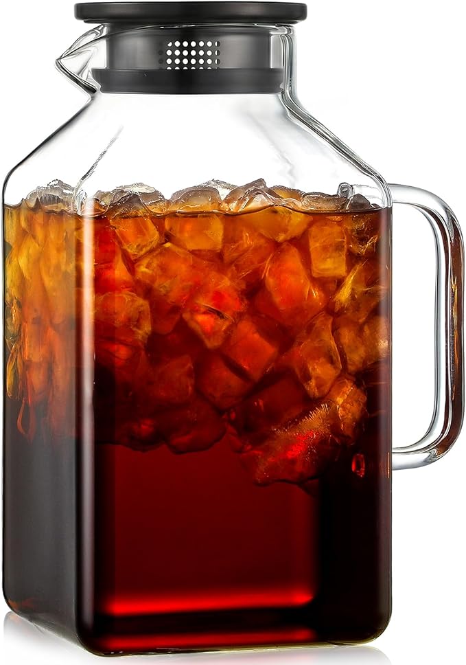 1 Gallon Square Glass Pitcher with Lid and Spout, Borosilicate Glass Carafe for Hot/Cold Drink, Water Pitchers with Handle for Fridge, Extra Large Jug for Iced Tea, Coffee, Juice, Beverage, Black by NETANY