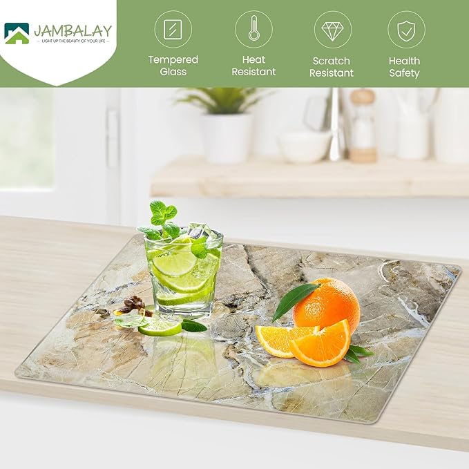 JAMBALAY Tempered Glass Cutting Board for Kitchen, 16"x12" Glass Cutting Board with Design, Chopping Board with Rubber Non Slip Feet, Heat, Shatter Resistant, Dishwasher Safe, WarmBrown