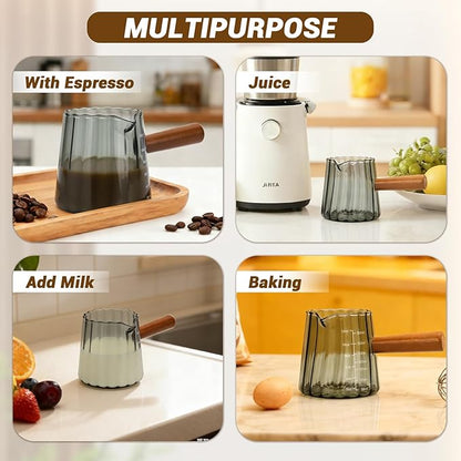 Espresso Measuring Cup 12 Oz, Espresso Glass Cups with Wood Handle, Milk Frothing Cup, Espresso Cup for Coffee, Milk, Tea or Maple Syrup Serving (Gray, 12 oz)