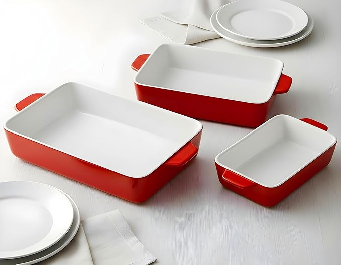 Kook Ceramic Bakeware Set, Rectangular Baking Dishes, For Casseroles, Lasagna, Cake, Small, Medium & Large Pans, Microwave & Dishwasher Safe, Set of 3, Cherry - Image 4