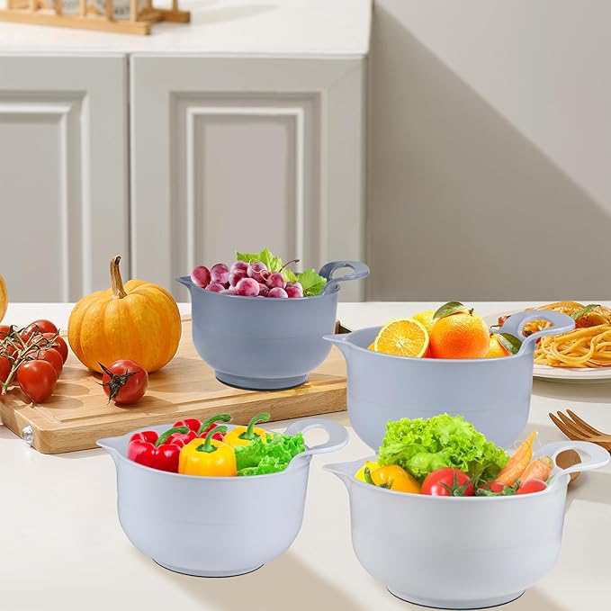 Mixing Bowls - 4 Piece Nesting Plastic Mixing Bowl Set with Pour Spouts and Handles - Non Slip Bottom and Measurement Markings (Light Gray) - Image 8