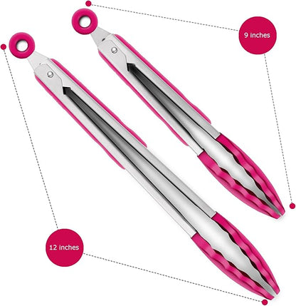 2 Pack Silicone Kitchen Tongs – 9" & 12" Set, Heat Resistant up to 500°F, Non‑Stick Cookware Safe, Wavy Silicone Tips, BPA Free, Locking Clip & Hanging Loop, Wine Red - Image 4