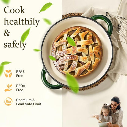 Overmont Enameled Cast Iron Dutch Oven - 5.5QT Pot with Lid Cookbook & Cotton Potholders - Heavy-Duty Cookware for Braising, Stews, Roasting, Sourdough Baking Glossy Green - Image 2