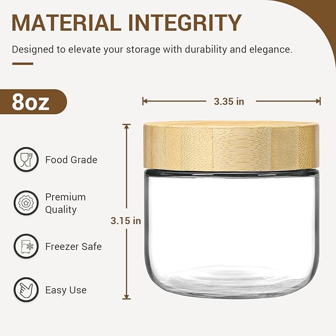NETANY 4-pack 8oz Glass jars with Airtight Lids, Overnight Oats Containers with Bamboo Lids, Wide mouth Mason Salad jars, Glass Food Storage Containers for Snacks Yogurt Spice Sugar - Image 2