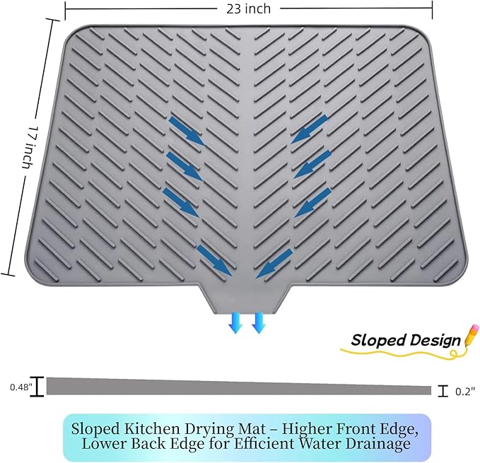 Silicone Drying Mat, 23"X17" With Built-in Drain Lip,Heat-Resistant,Eco-friendly,Hygienic Drying Pad,Leak-Proof and Non-Slip,Silicone Dish Drying Mat for Kitchen Counter or Sink（Gray 23X17） - Image 2