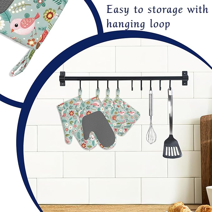Birds Floral Potholders & Oven Mitts Sets Colourful Flowers Silicone Heat Resistant Oven Mits and Hot Pads Non-Slip Pot Holders Gloves for Kitchen Chef Cooking Baking Grilling BBQ