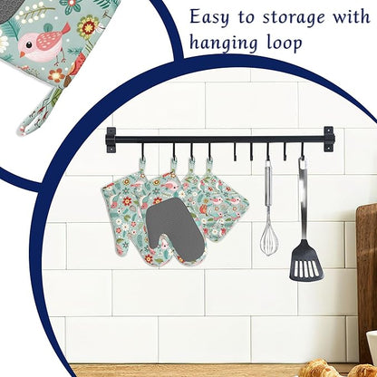 Birds Floral Potholders & Oven Mitts Sets Colourful Flowers Silicone Heat Resistant Oven Mits and Hot Pads Non-Slip Pot Holders Gloves for Kitchen Chef Cooking Baking Grilling BBQ