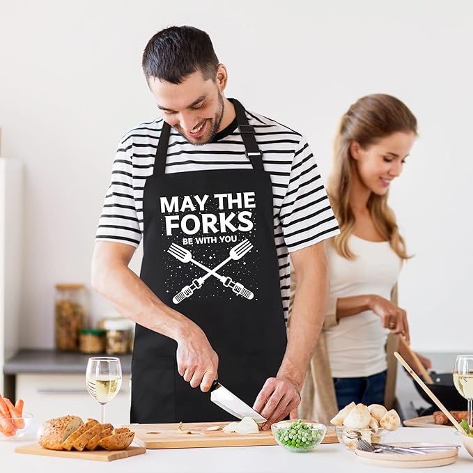 Kaidouma Funny Grill Aprons for Men - May The Forks Be With You - Men’s Funny Chef Cooking Grilling BBQ Aprons with 2 Pockets - Birthday Father’s Day Christmas Gifts for Dad, Husband, Movie Fans