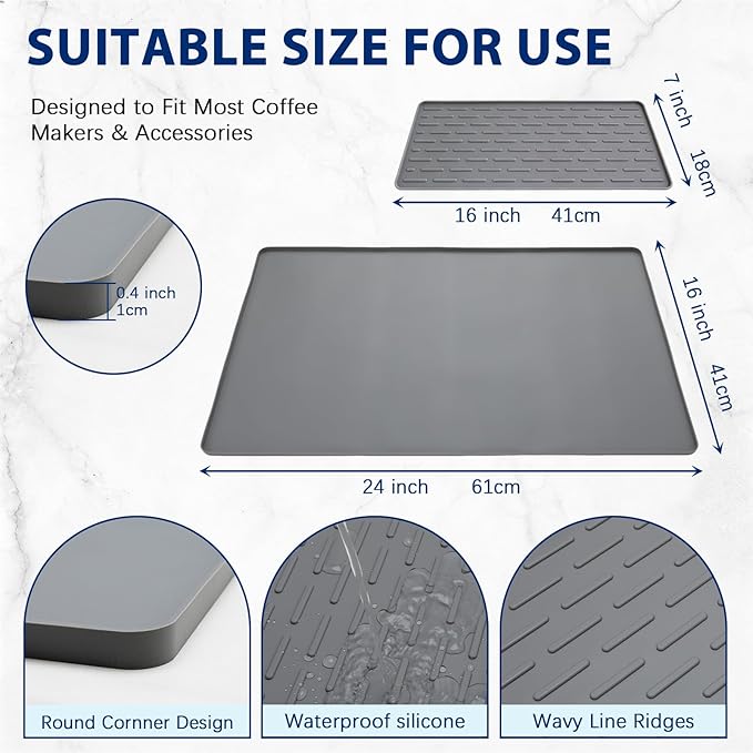 Silicone Coffee Mat 24" x 16", Heat Resistant Non Slip Leak Proof with Concave Convex Design & Detachable Drying Layer, Coffee Bar Mat for Espresso Machine, Coffee Maker Countertops (Gray) - Image 3