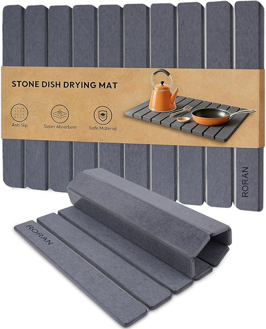 Stone Drying Mat for Kitchen Counter, 24"(L)×16"(W), Drying Matt Kitchen Counter, Quick Dry Stone Dishes Mats, Foldable Diatomaceous Earth Mat (Pure Gray) by Unknown