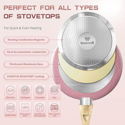 Frying Pan Nonstick, 9.5 Inch Pink Egg Pan, Non Stick Fry Pan 100% PTFE PFOA-Free Omelet Skillet Pan, Toxin-Free Skillets Stone Cookware, Anti-Warp Base with All Stove Tops, Induction Compatible - Image 4