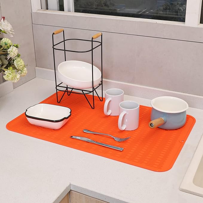 MicoYang Silicone Dish Drying Mat for Multiple Usage,Easy clean,Eco-friendly,Heat-resistant Silicone Mat for Kitchen Counter or Sink,Refrigerator or Drawer Liner Orange 3XL 28 inches x 18 inches - Image 7