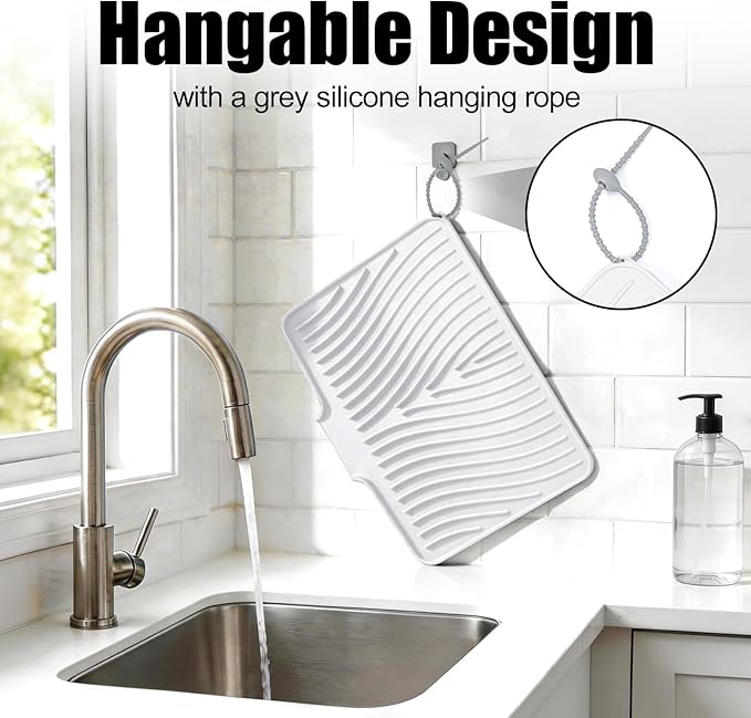 TIKNIK Silicone Dish Drying Mat, Stone Drying Mat for Kitchen Counter with Built-In Drain, Non-Slip Drain Pad with Built-in Drain, Heat Resistant Stone Drying Mat, Hangable, White-1pcs, 16" x 12" - Image 5