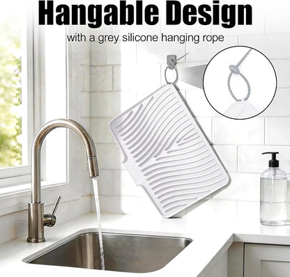 TIKNIK Silicone Dish Drying Mat, Stone Drying Mat for Kitchen Counter with Built-In Drain, Non-Slip Drain Pad with Built-in Drain, Heat Resistant Stone Drying Mat, Hangable, White-1pcs, 16" x 12" - Image 5