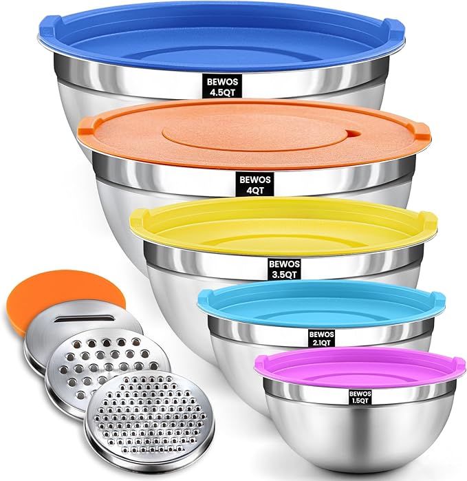 BEWOS Mixing Bowls with Lids Set - 5 Pcs Stainless Steel Mixing Bowls With 3 Grater Attachments, Size 4.5, 4, 3.5, 2.1, 1.5QT Metal Bowls for Baking and Serving (Colored) by BEWOS