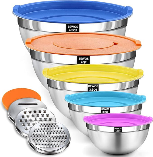 BEWOS Mixing Bowls with Lids Set - 5 Pcs Stainless Steel Mixing Bowls With 3 Grater Attachments, Size 4.5, 4, 3.5, 2.1, 1.5QT Metal Bowls for Baking and Serving (Colored) by BEWOS