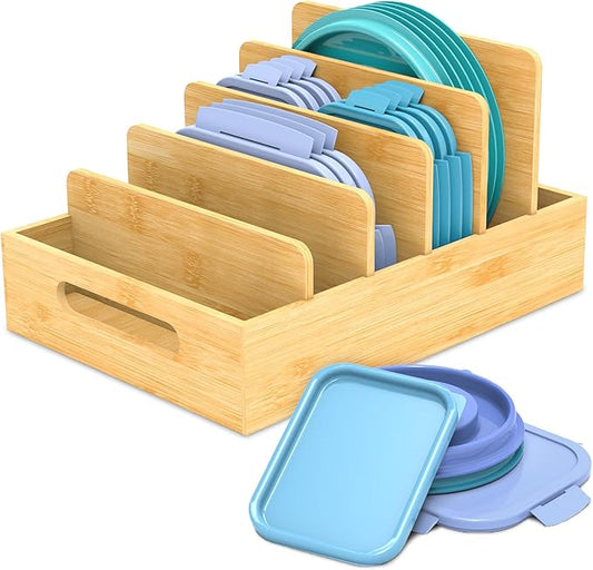 Retro Shaw Bamboo Lid Organizer for Plastic Lids, Adjustable Tall Dividers for Cabinet Drawer, Food Container Lid Holder for Kitchen Storage and Organization