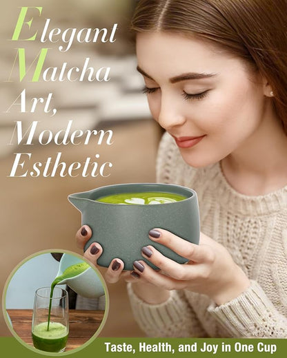 20OZ Matcha Whisk Set - 5PCS Chasen Set Includes Matcha Bowl with Spout, Bamboo Whisk with Ceramic Holder, Macha Scoop and Sifter, Matcha Kit for Ceremony, Gift for Matcha Lovers (Pale Gray-Green)