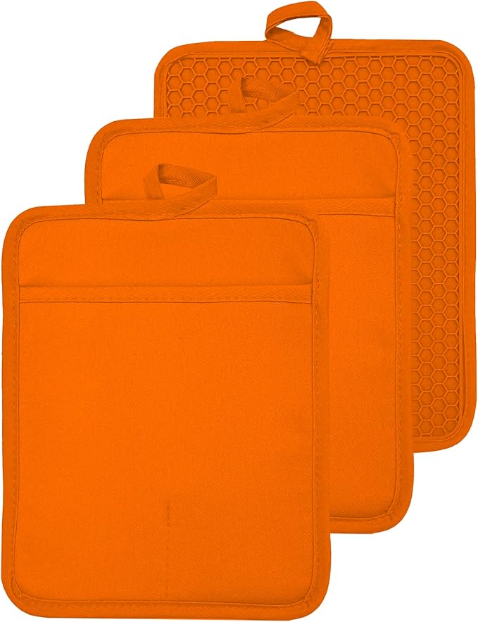 Oven Pot Holder with Pocket Cotton Heat Resistant Coaster Potholder Kitchen Hot Pad Oven Mitts for Cooking and Baking Square 7"x9" (Orange, Silicone) by VEIKERY