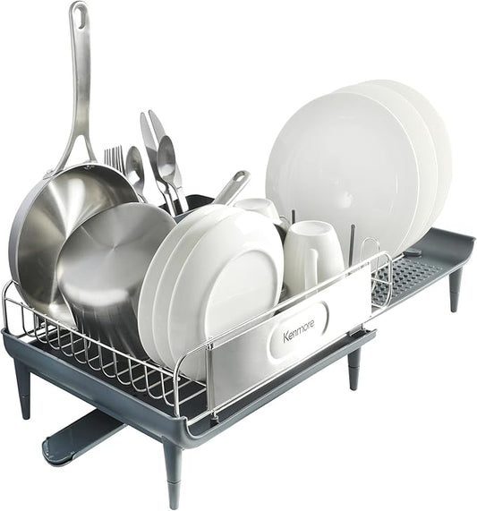 Kenmore Loxdell Expandable Full Size Rust Resistant Dish Rack with Drain Board and Flatware Caddy