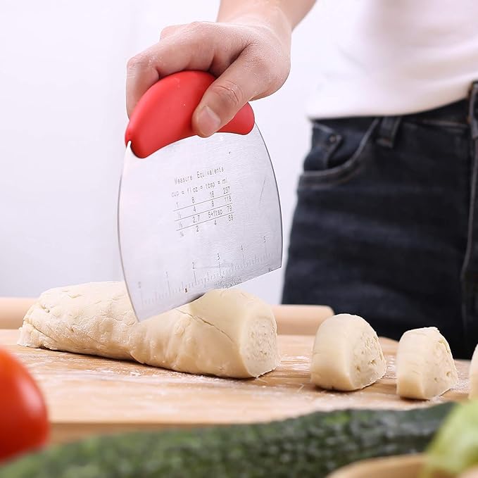 1 pcs Dough Pastry Scraper Chopper/Stainless Steel Dough Scraper Cutter with Ergonomic Rubber Non-Slip Grip/Dough Scraper Cutter/Pro Pastry Pizza Cutter Chopper (Red) - Image 7