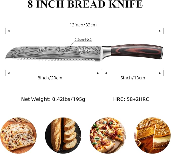 Sunnecko Bread Knife 8 Inch, High Carbon Stainless Steel Serrated Bread Knife for Homemade Bread, Wedding Cake Knife with Wooden Handle Serrated Kitchen Knife with Sheath - Image 5