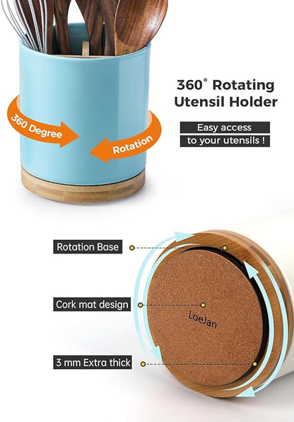 LoeJan 3 Compartment Utensil Holder, Extra Large Utensil Crock, Stable Ceramic Utensil Organizer, Cooking Tool Organizer Set for Kitchen Counter Farmhouse Decor, Turquoise - Image 5