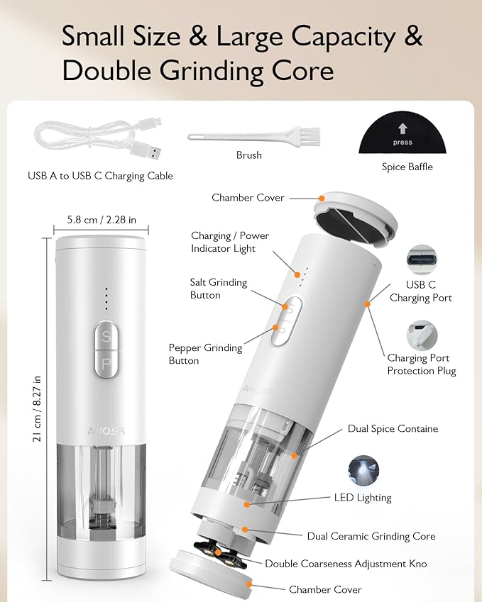 Electric Salt and Pepper Grinder Set, 2 in 1 Dual Bins USB Rechargeable Refillable Automatic Salt and Pepper Mill Shaker with LED Light, Dual Ceramic Grinder Adjustable Coarseness, kitchen gift, white - Image 7