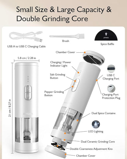 Electric Salt and Pepper Grinder Set, 2 in 1 Dual Bins USB Rechargeable Refillable Automatic Salt and Pepper Mill Shaker with LED Light, Dual Ceramic Grinder Adjustable Coarseness, kitchen gift, white - Image 7