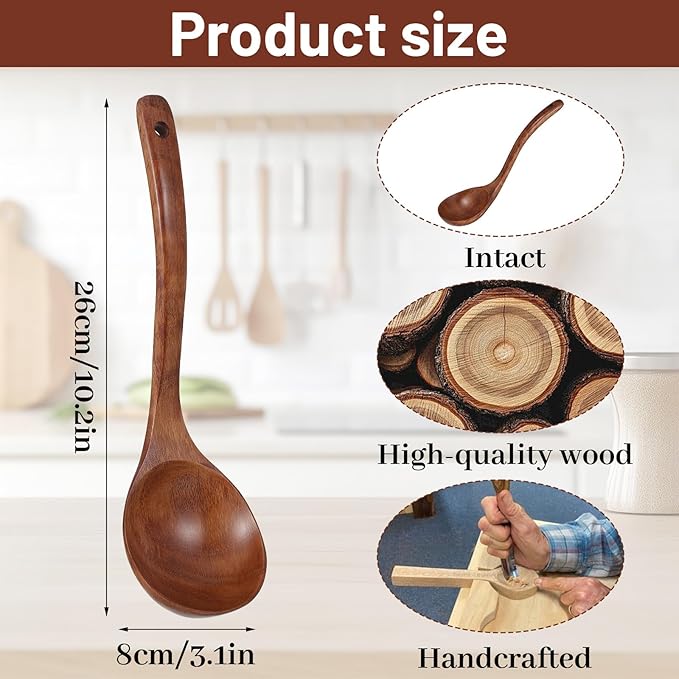 Wooden Soup Ladle, 10.2 Inch Long Handle Soup Ladle Wooden Soups Spoon Kitchen Utensil for Kitchen Cooking Serving Soups - Image 5