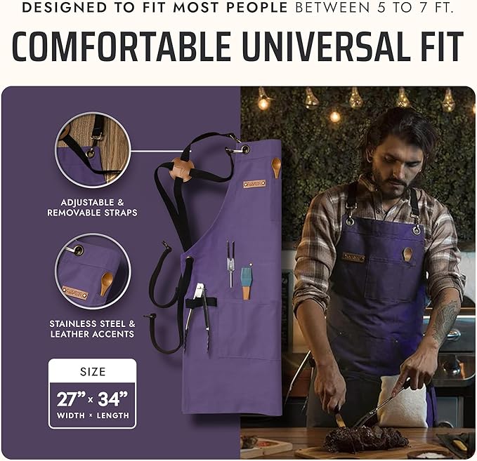 Asaya Chef and BBQ Apron with Bottle Opener and Hand Towel - 10oz Cotton Canvas, Stainless Steel Hardware - Cross Back Straps - Image 5