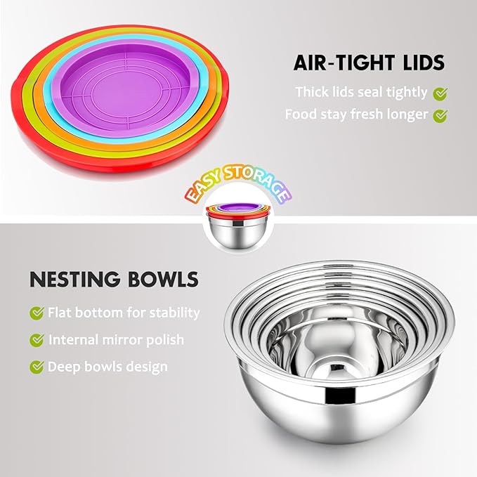 E-far Mixing Bowls with Lids Set of 5, Stainless Steel Mixing Bowls Metal Nesting Bowls with Airtight Lids, Non-toxic & Dishwasher Safe, Great for Cooking, Baking, Serving - Size 0.7/1/1.5/3/4.6QT - Image 4