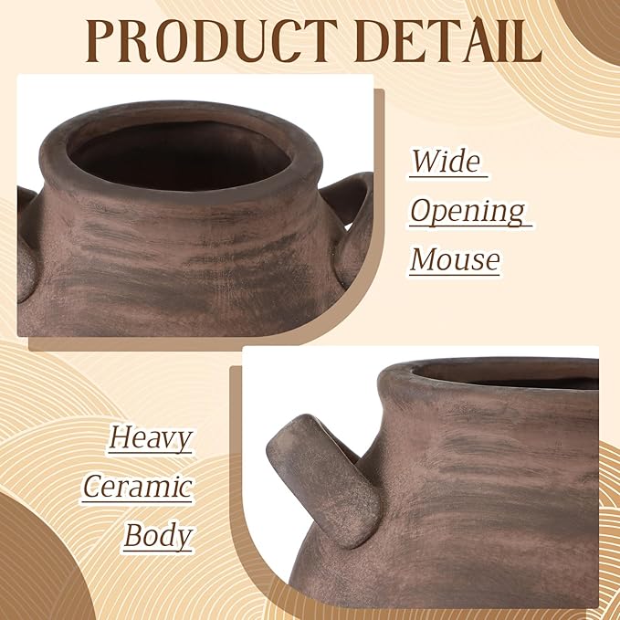 Havawish Rustic Kitchen Utensil Holder for Countertop - Farmhouse Ceramic Utensil Crock with Handle for Spatulas Vintage Kitchen Utensils Holder Cooking Organizer, Fit Ladle, Eggbeater(Dark Brown)