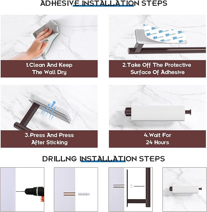 ASTOFLI Paper Towel Holder Under Cabinet No Drilling, Self Adhesive Paper Towel Holder Wall Mount for Kitchen Rack, Under Counter Napin Holder No Drill, RV, 304 Stainless Steel, Oil Rubbed Bronze - Image 4