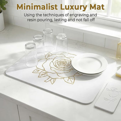 Stone Dish Drying Mat for Kitchen Counter, Glittery Resin Rose Pattern Quick Drying Mat, Water Absorbing Diatomaceous Pad for Plate Bottle Utensil Rack,Space Saving (Gold & White, 16"×12")