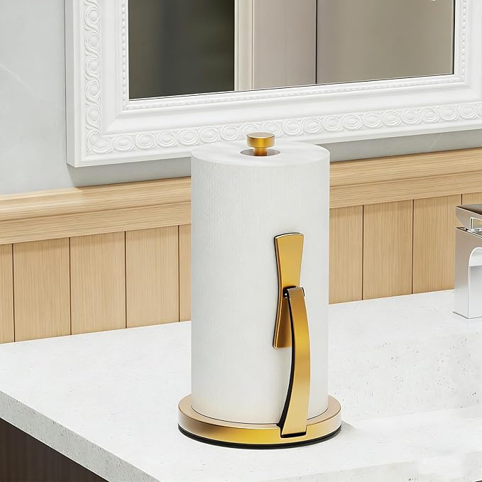 VEHHE Gold Paper Towel Holder Countertop, One-Handed Tear, Stainless Steel, Stand Paper Towel Holder with Spring Activated Arm & Non Slip Weighted Base, for Kitchen Bathroom - Image 8
