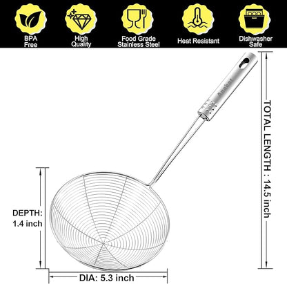 Anaeat 5.3" Stainless Steel Spider Skimmer, Professional Kitchen Pasta Strainer Spoon with Long Handle - Asian Strainer Ladle Wire Skimmer Spoons for Cooking and Frying