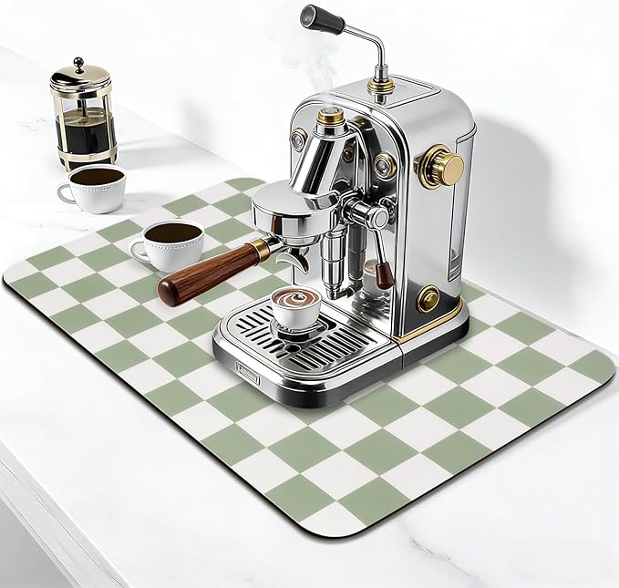 CooRug Checkered Dish Drying Mat for Kitchen Counter, Absorbent Non-Slip Coffee Mat, Heat Resistant Mat for Countertops Coffee Bar Decor 16" x 24" Green - Image 3