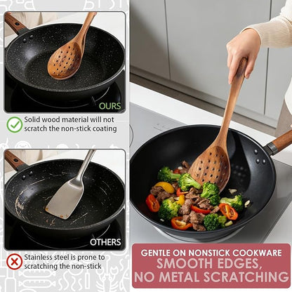 HOWHONG Slotted Spoon Wooden Cooking Utensil, Long Handle Acacia Wood Spoon for Cooking, Draining Spoon for Vegetables Pasta and Frying, Nonstick Cookware Safe, Bare Wood Feel for Daily Kitchen Use