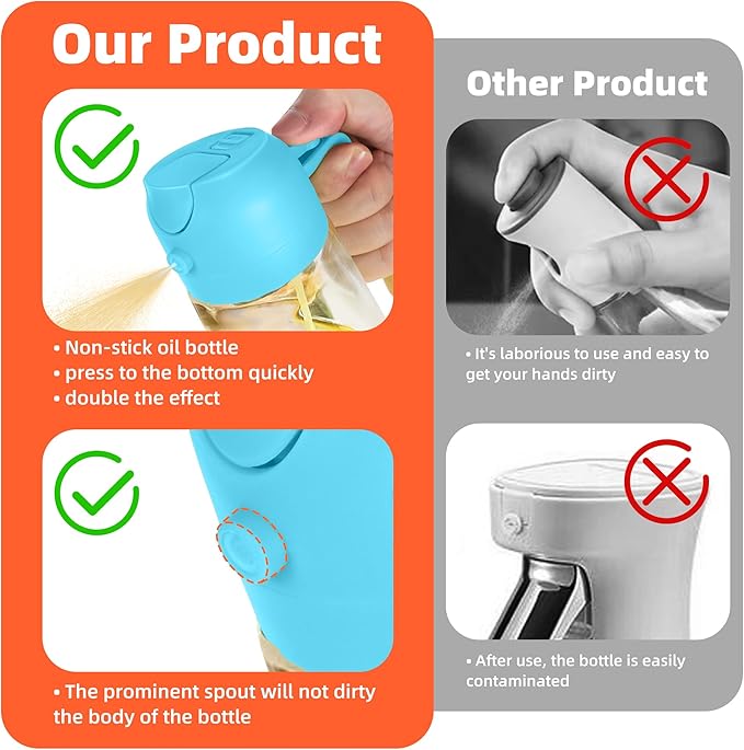 TrendPlain 16oz/470ml Glass Olive Oil Sprayer for Cooking – 2 in 1 Olive Oil Dispenser Bottle for Kitchen Gadgets and Air Fryer Accessories, Salad, BBQ - Sky Blue - Image 7