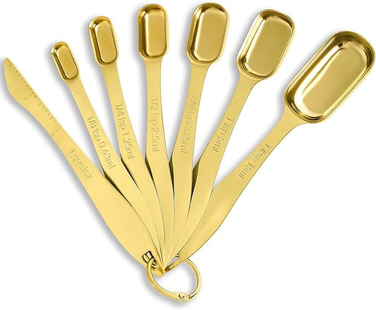 Rainspire Heavy Duty Measuring Spoons Set Stainless Steel, Metal Measuring Cups and Spoons Set for Dry or Liquid, Fits in Spice Jar, Home Gadgets Kitchen Gadgets, Set of 7 Including Leveler, Gold by Rainspire