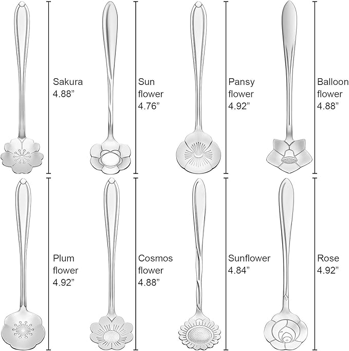 Chengu 8 Pieces Flower Coffee Tea Spoons Stainless Steel Sugar Spoons Tea Party Flower Fancy Tableware Set Stir Bar Creative Stirring Teaspoon, 8 Different Patterns(Silver) - Image 2